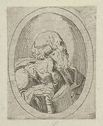 An apostle seen in profile facing right, holding an open book, in an oval frame, from Christ, the Virgin, and Thirteen Apostles