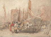 Harbor Scene, With Fishing Boats Being Unloaded