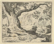 Following Renard's False Story, His Father Is Chased by Hunting Dogs from Hendrick van Alcmar's Renard The Fox