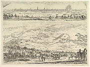 Plan and view of the siege of Arras: lower part of the plate with a topographical view with troops in the foreground descending a hill, upper part of the plate with a view of the town