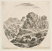 Plate 10: a horse lying down in center, a cow and two goats to right, two seated shepherds to left, a waterfall and a mountain to left in the background, a round composition, from 'Roman landscapes and ruins' (Paysages et ruines de Rome)