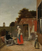 A Man Smoking and a Woman Drinking in a Courtyard