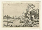 Landschap met een rivier en poortgebouw