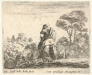 Plate 24: herdsman atop a horse, seen from behind, leads his cattle down a hill, a tower on a hill to left in the background, from 'Diversi capricci'