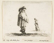 Plate 17: a man wearing a plumed hat in center facing right, a woman walking towards the left in the background, from 'Diversi capricci'