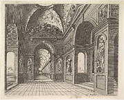 Perspective view of the interior of a hall, with cross-vault decorated with grotesques, plate 18, from Scenographiae sive Perspectivae