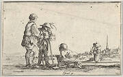 Plate 13: two peasants standing to left, a cripple kneeling on the ground in center, a woman carrying a child seen from behind to right in middleground, a church to right in background, from 'Caprice faict par de la Bella'