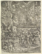 The Massacre of the Innocents (Left side), with man on horseback at center left, women and children below, group of figures standing on steps above, Herod seated on throne at upper right