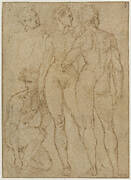 Four naked men, one half kneeling, two others standing in the foreground and the fourth in the background carrying a shield