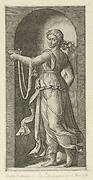 Temperance personfied by a woman standing in a niche holding a bit, from 'The Virtues'