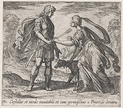 Pltae 70: Procris Giving Cephalus a Dog and a Javelin (Cephalus et iaculo inevitabili, et cane pernicißimo a Procride donatur), from Ovid's 'Metamorphoses'