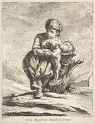 Child with a dog, holding a basket of grapes, from Premier Livre de Figures d'après les porcelaines de la Manufacture Royale de France, inventées en 1757, par Mr. Boucher (First Book of Figures after porcelains from the Manufacture Royale de France, devised in 1757, by Mr. Boucher)