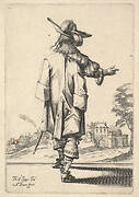 A gentleman, seen from behind, with his right arm outstretched and a cloak over his left shoulder