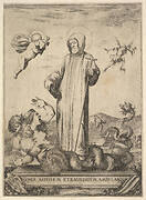 Saint Jean Gualbert trampling a monster with two human heads and a serpentine body, a flying demon in background to right, an angel with a cross flying to left, from 'Frontispiece and four scenes from the life of Saint John Gualbert' (Frontispice et quatre vignettes pour une vie de Saint Jean Gualbert)