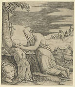 St Jerome kneeling before a crucifix, a skull in his left hand, a lion laying at the left