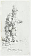 A peasant in a high cap, standing leaning on a stick