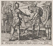 Plate 117: The Dispute over Achilles' Armor (Disceptatio inter Aiacem et Ulyssem propter arma Achillis), from Ovid's 'Metamorphoses'