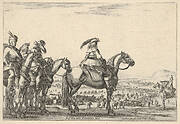 March of an army on a plain, the commander in chief in front, his aides behind him, a trumpeter on horseback at right, a plain with various figures and horses in the background, from 'Varie figure'