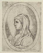 The Virgin in prayer, seen in profile facing left, in an oval frame, from Christ, the Virgin, and Thirteen Apostles