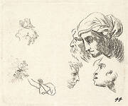 Study of heads in profile view, a woman with headcloth and bearded man whose heads overlap above, two facing profiles below