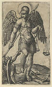 Saint Michael holding scales and a lance, a demon beneath him, from the series 'Piccoli Santi' (Small Saints)