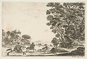 Plate 4: a deer hunt, two horsemen galloping towards the left behind three dogs and a deer, a group of trees to right, from 'Various Figures' (Agréable diversité de figures)