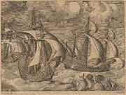 Three Caravels in a Rising Squall with Adrion on a Dolphin