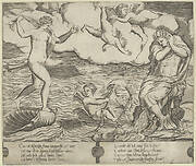 Venus riding a conch at left and cowering man (Jason) at right, Eros riding a makeshift boat holding a bow between them