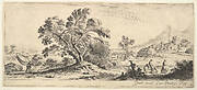 Plate 6: a fisherman carrying a net to left, two horsemen in a stream to right, a tree in center, a castle in ruins to right in the background, from 'Various landscapes' (Divers paysages)