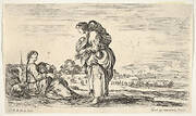 A woman seated to left holding a child, facing right in profile, conversing with a standing woman in center, carrying one child on her back and another in her arms, a church to left in background and boats to right in background, from 'Various figures and lands' (Diverse figure e paesi)