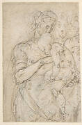 Standing Virgin with Child, Two Heads at Upper Right (recto); Sketch of Steps (verso)