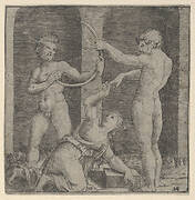 A woman kneeling at centre reaching up with her right hand to place a ring on the finger of a naked man holding a curved stick that is also held by another man at left