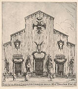 Façade of the church of San Lorenzo in Florence, decorated with the emperor's arms, four figures of death flanking the three entrances, the two in center on horseback, a large angel above central door, from 'Ceremonies for the Funeral of Emperor Ferdinand II' (Funérailles de l'empereur Ferdinand II)