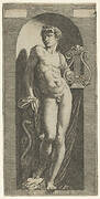 A statue of Apollo, naked standing in a niche, holding a lyre in his left hand and leaning on a tree trunk