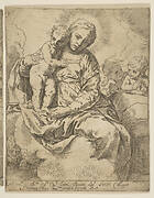 Madonna and Child seated on clouds and surrounded by angels, copy in reverse after Cantarini