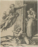 God carried by angels, appearing to Noah and his family, after the Flood