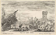 View of the coast of Italy (Veue des Costes d'Italie), the bow of a ship resting to left, a group of men playing cards in center, a tower in ruins to right in the background, from 'Views of seaports' (Vues de ports de mar)