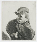 Self-portrait in a soft hat and a patterned cloak