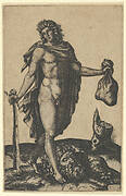 David standing, sword in lowered right hand, sack in the left, the head of Goliath on the ground beneath him