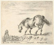 Plate 4: a horse in profile facing the left, about to descend from a mound, a horseman to left in background, from 'Diversi capricci'