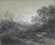 Wooded Landscape with Herdsmen and Cattle, Buildings on a Hill, and Rustic Lovers