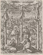 Christ crucified between the two thieves, the three maries at the foot of the cross