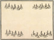 Twenty-four riders dueling with swords in four groups, with two groups in lines at the top and bottom of the page, from 'La gara delle Stagioni'