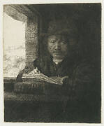 Self-portrait etching at a window