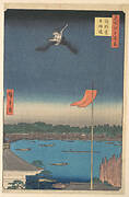 歌川広重画　「名所江戸百景　駒形堂吾嬬橋」|“Azuma Bridge from Komagatadō Temple,” from the series One Hundred Famous Views of Edo (Meisho Edo hyakkei, Komagatadō Azumabashi)