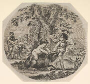 Two children playing with a goat in center, turned towards the right, a child satyr sitting atop the goat, the other child gesturing towards the right, a satyr and a woman watching their child ride a goat in the background, an oval composition