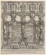 Interior of the church of San Lorenzo in Florence, five pillars, each with a large figure of death on a pedestal, ten hooded figures with staffs in foreground, two altars in the background, cartouches containing female figures above, from 'Ceremonies for the Funeral of Emperor Ferdinand II' (Funérailles de l'empereur Ferdinand II)