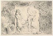 A bas-relief depicting a satyr at left holding two infants, another child satyr to right, dancing to the sound of the sistrum played by the woman in center, around the relief, a vase decorated with the head of a satyr, plants, and a thyrsus, from 'Four Bacchanalia' (Quatre Bacchanales)