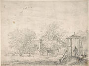 House among Trees, at Right Man and Dog on a Footbridge