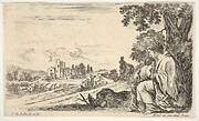 A peasant woman facing left in profile nurses a baby under a tree at right, a woman, seen from behind, walking next to a donkey in the middle ground, a church and bridge to left in background, from 'Various figures and lands' (Diverse figure e paesi)